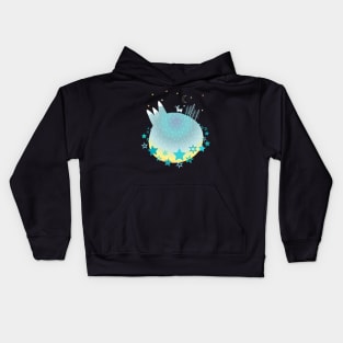 "Home Planet" in turquoise, yellow, and white with a ring of teal stars - a whimsical world Kids Hoodie